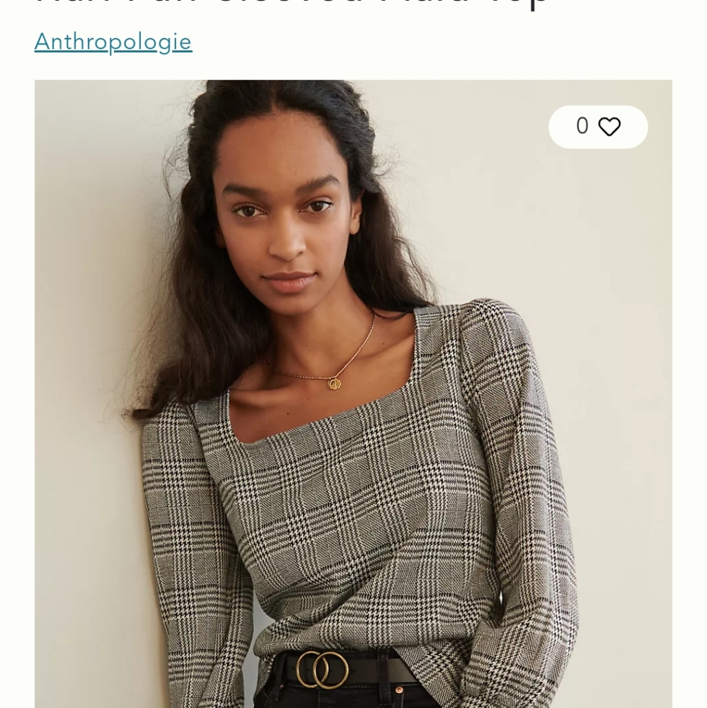 Anthropologie Hari Glen Plaid Puff Sleeves Top Square Neck L Pop Over Black Grey